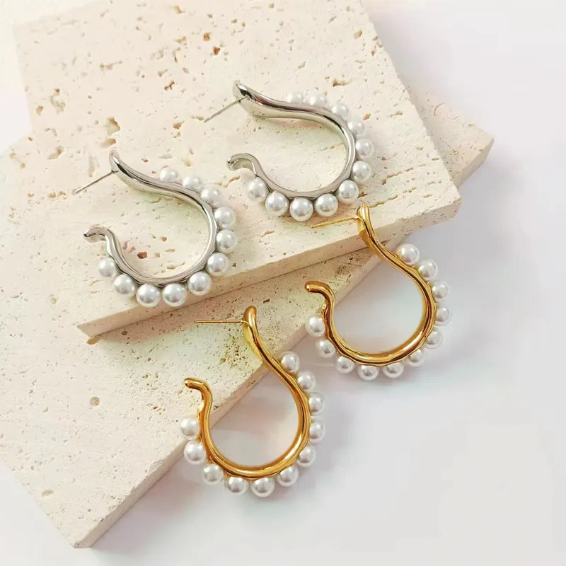 1 Pair Vintage Style U Shape Inlay 304 Stainless Steel Pearl 18K Gold Plated Ear Studs