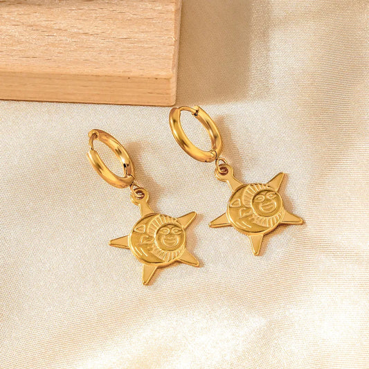 1 Pair Vintage Style Vacation Pentagram Sun Moon 304 Stainless Steel 18K Gold Plated Drop Earrings