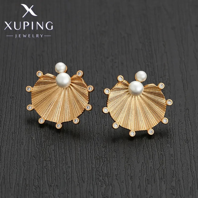 1 Pair XUPING Simple Style Geometric Inlay Copper Artificial Gemstones Artificial Pearls 18K Gold Plated Ear Studs