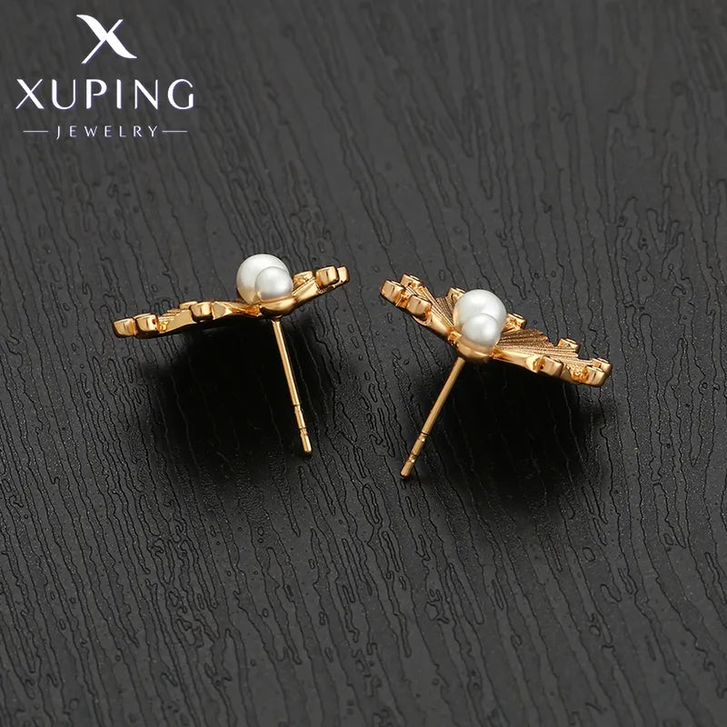 1 Pair XUPING Simple Style Geometric Inlay Copper Artificial Gemstones Artificial Pearls 18K Gold Plated Ear Studs