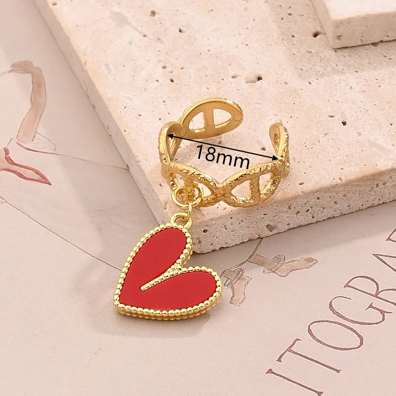 1 Pc/Package Vacation Modern Style Cherry Heart Shape Polishing Epoxy 304 Stainless Steel Sea Sedinent Jasper Copper Zircon 18K Gold Plated Open Rings