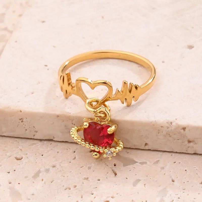 1 Pc/Package Vacation Modern Style Cherry Heart Shape Polishing Epoxy 304 Stainless Steel Sea Sedinent Jasper Copper Zircon 18K Gold Plated Open Rings