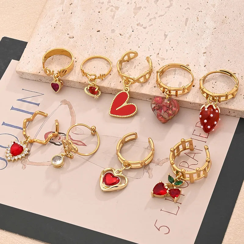 1 Pc/Package Vacation Modern Style Cherry Heart Shape Polishing Epoxy 304 Stainless Steel Sea Sedinent Jasper Copper Zircon 18K Gold Plated Open Rings