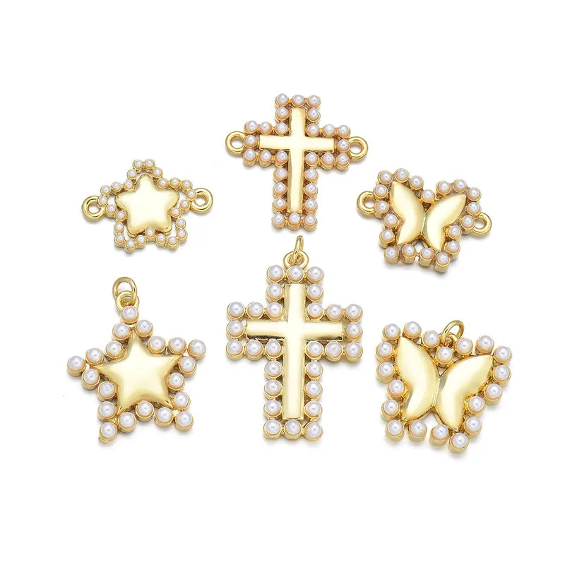 1 Piece 16 * 17mm 18*13mm 19 * 20mm Copper Pearl Zircon 18K Gold Plated Cross Star Heart Shape Polished Pendant