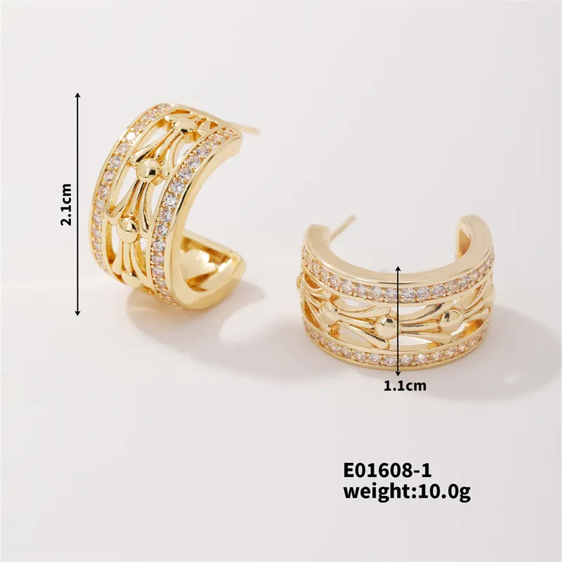 1 Piece Elegant Tropical Shiny C Shape Inlay Copper Zircon K Gold Plated Ear Studs