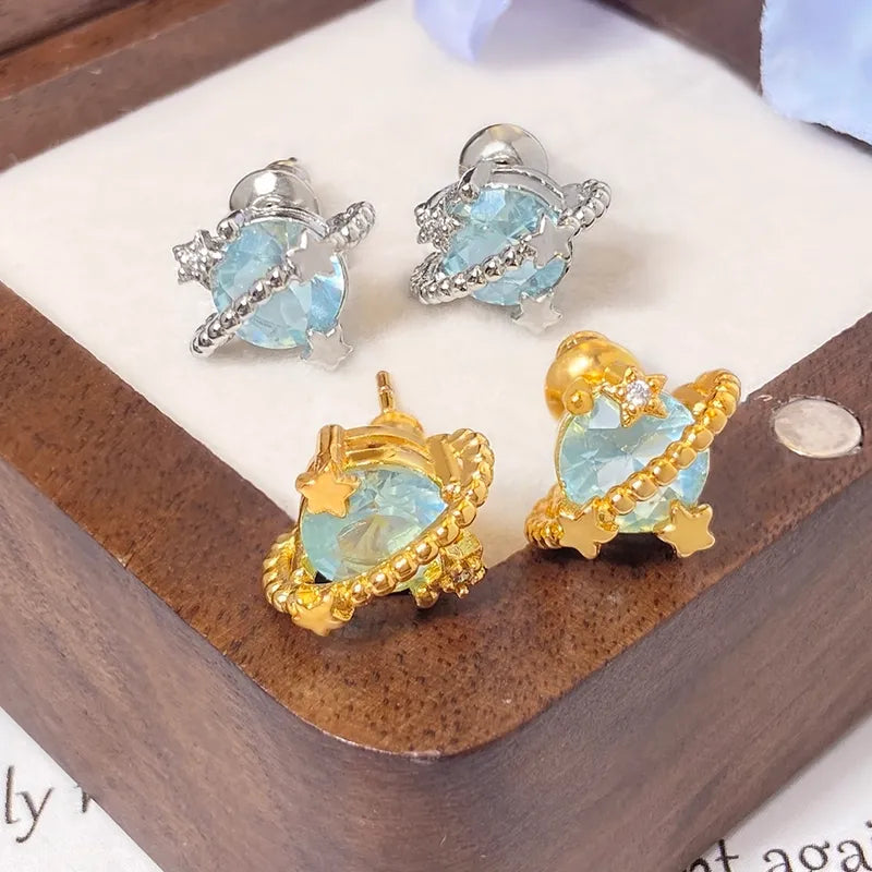 1 Piece French Style Romantic Sweet Star Starry Sky Moon Inlay Copper Zirconia Zircon 18K Gold Plated Imitation Gold K Gold Plated Ear Studs