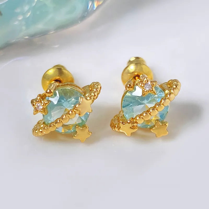 1 Piece French Style Romantic Sweet Star Starry Sky Moon Inlay Copper Zirconia Zircon 18K Gold Plated Imitation Gold K Gold Plated Ear Studs