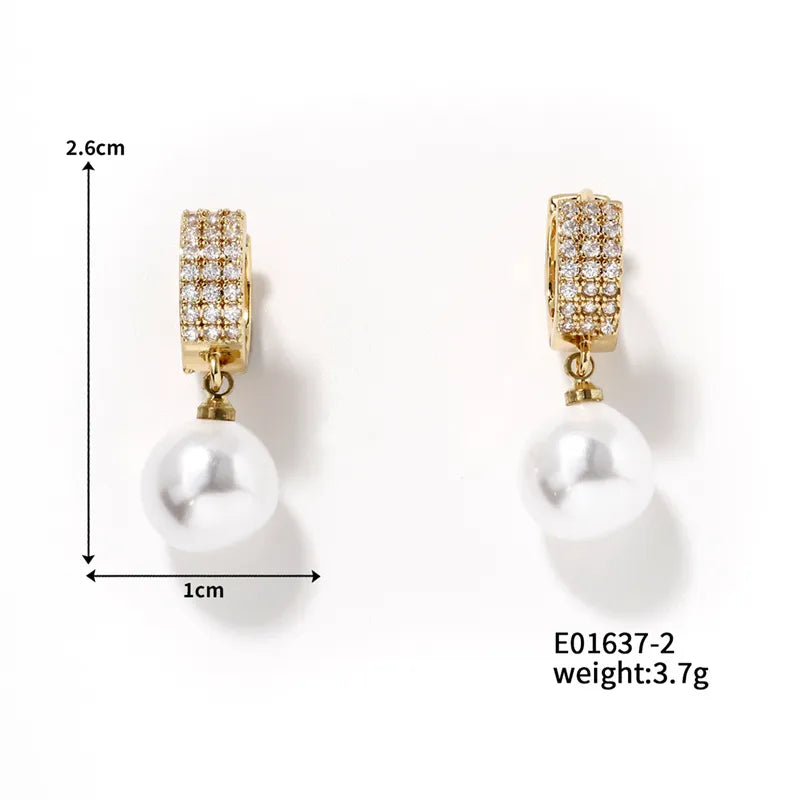 1 Piece Glam Luxurious Round Plating Inlay Copper Pearl K Gold Plated Rhodium Plated Drop Earrings