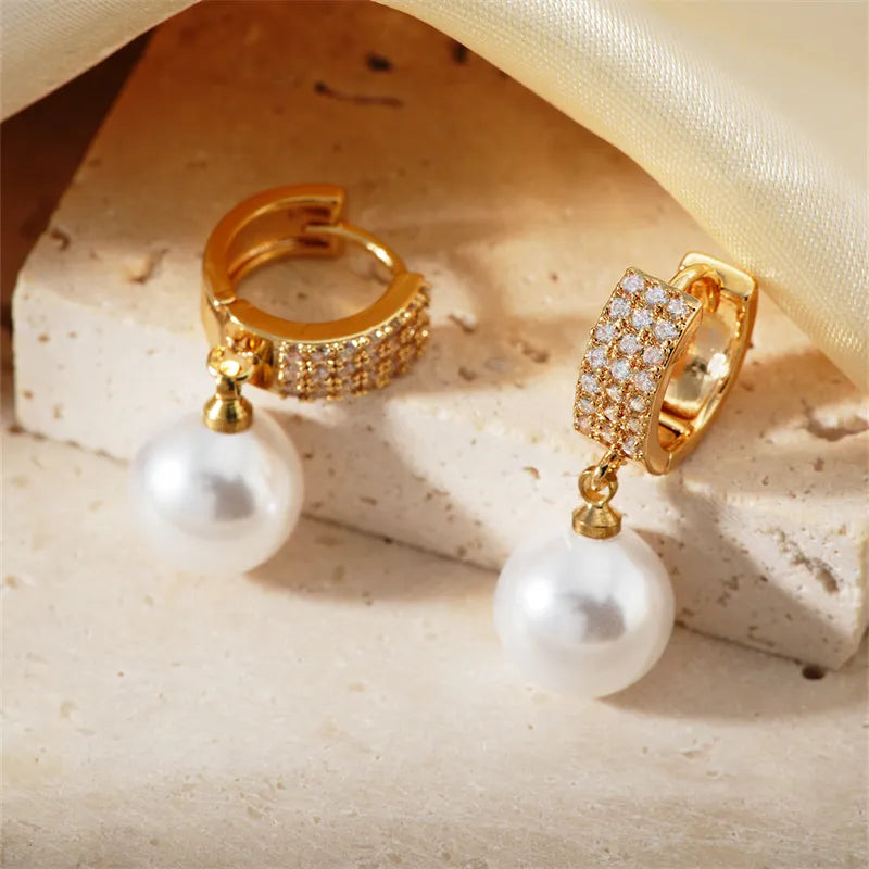 1 Piece Glam Luxurious Round Plating Inlay Copper Pearl K Gold Plated Rhodium Plated Drop Earrings