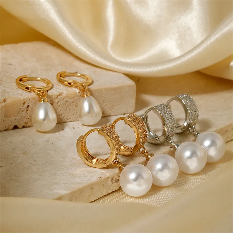 1 Piece Glam Luxurious Round Plating Inlay Copper Pearl K Gold Plated Rhodium Plated Drop Earrings