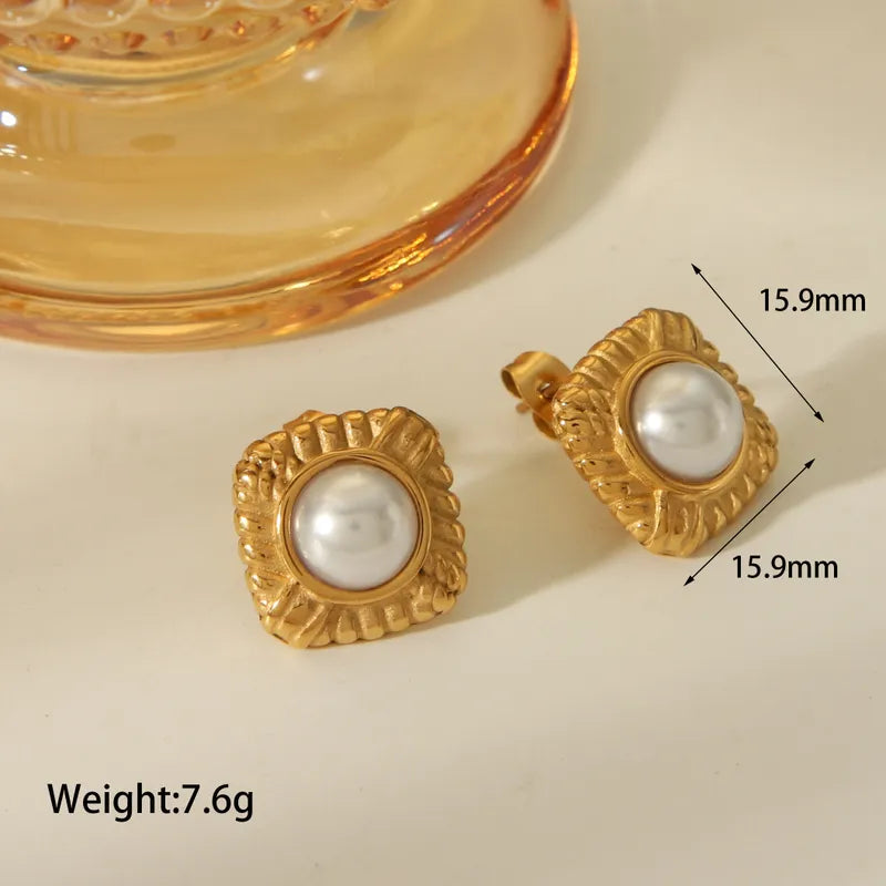 Round Square Inlay 304 Stainless Steel Artificial Pearls 18K Gold Plated Ear Studs