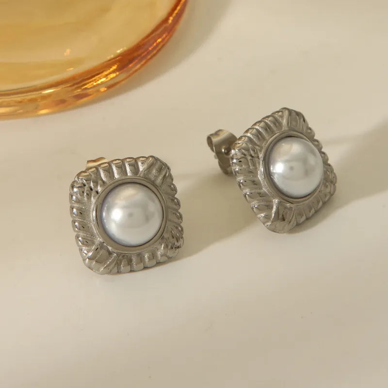 Round Square Inlay 304 Stainless Steel Artificial Pearls 18K Gold Plated Ear Studs