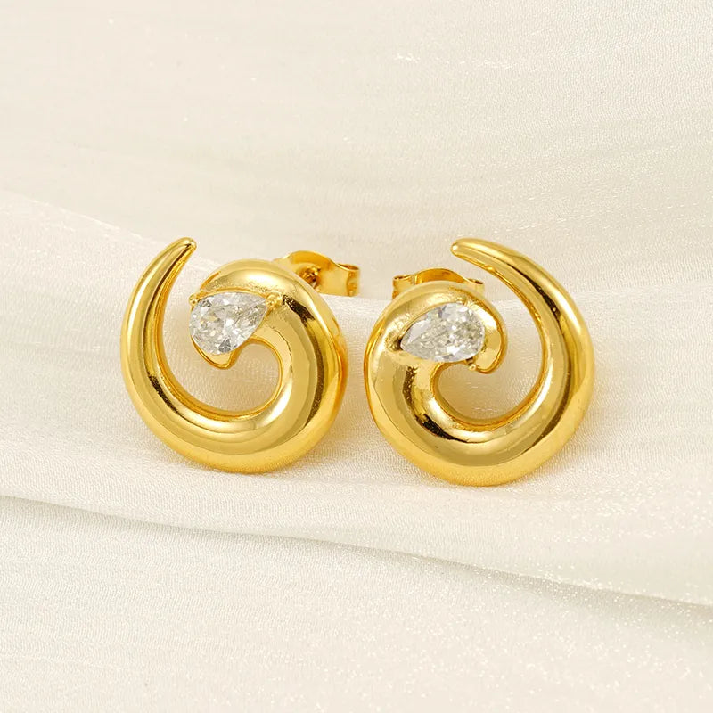 1 Piece IG Style Simple Style Spiral Plating Inlay 304 Stainless Steel Zircon 18K Gold Plated Ear Studs