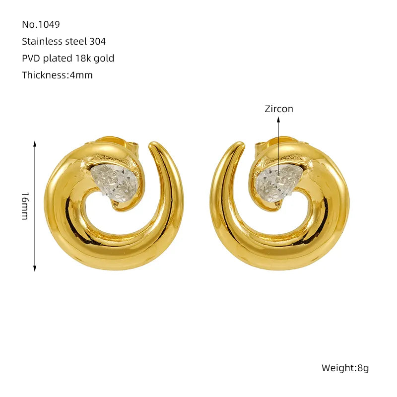 1 Piece IG Style Simple Style Spiral Plating Inlay 304 Stainless Steel Zircon 18K Gold Plated Ear Studs