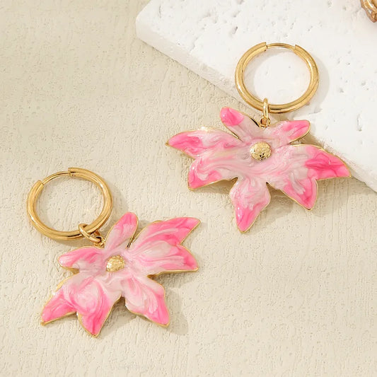 1 Piece Retro French Style Artistic Maple Leaf 304 Stainless Steel Glass 18K Gold Plated Drop Earrings