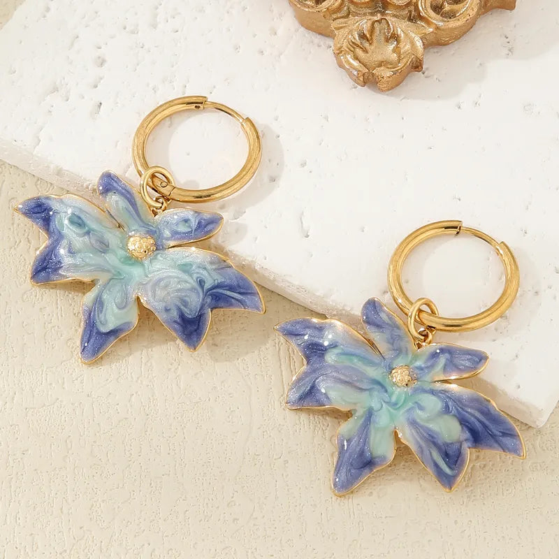 1 Piece Retro French Style Artistic Maple Leaf 304 Stainless Steel Glass 18K Gold Plated Drop Earrings