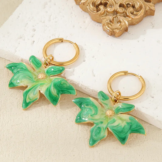 1 Piece Retro French Style Artistic Maple Leaf 304 Stainless Steel Glass 18K Gold Plated Drop Earrings