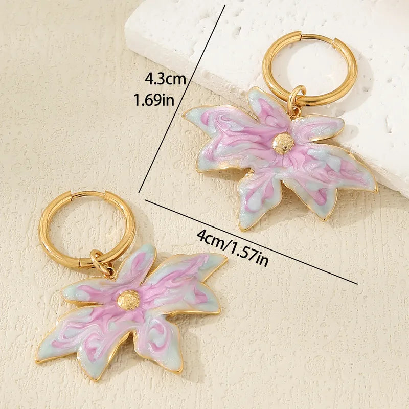 1 Piece Retro French Style Artistic Maple Leaf 304 Stainless Steel Glass 18K Gold Plated Drop Earrings