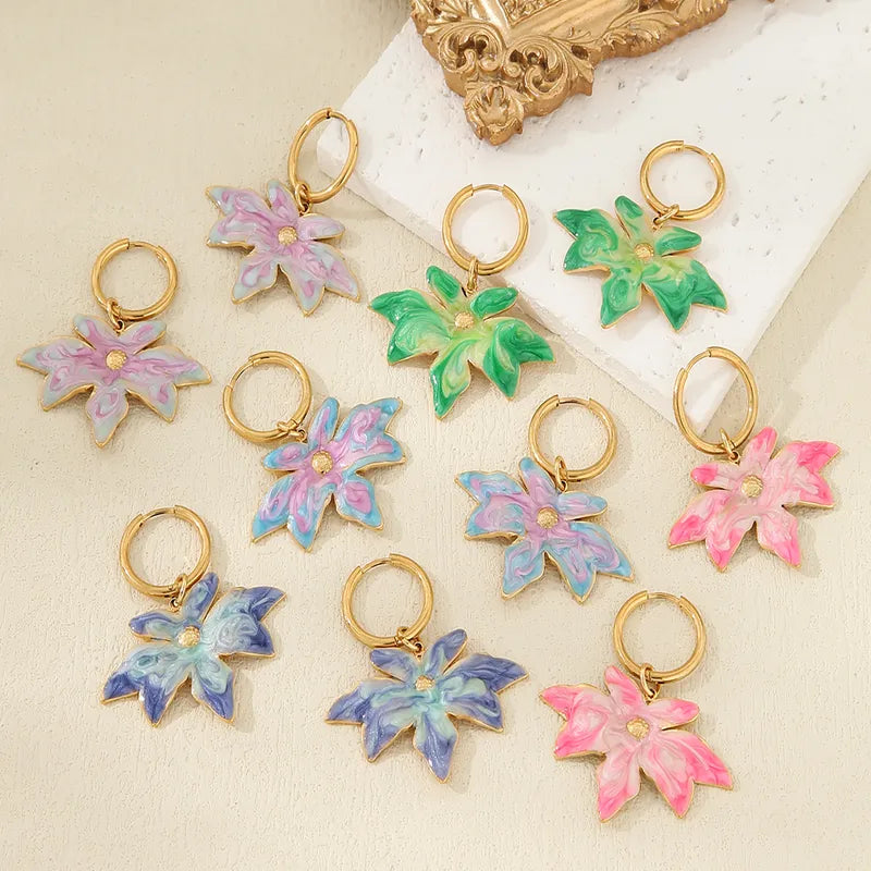 1 Piece Retro French Style Artistic Maple Leaf 304 Stainless Steel Glass 18K Gold Plated Drop Earrings