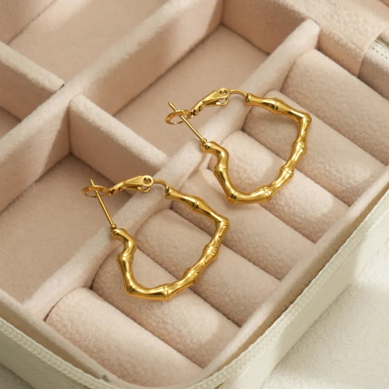 1 Piece Simple Style Bamboo Knot 304 Stainless Steel 18K Gold Plated Hoop Earrings