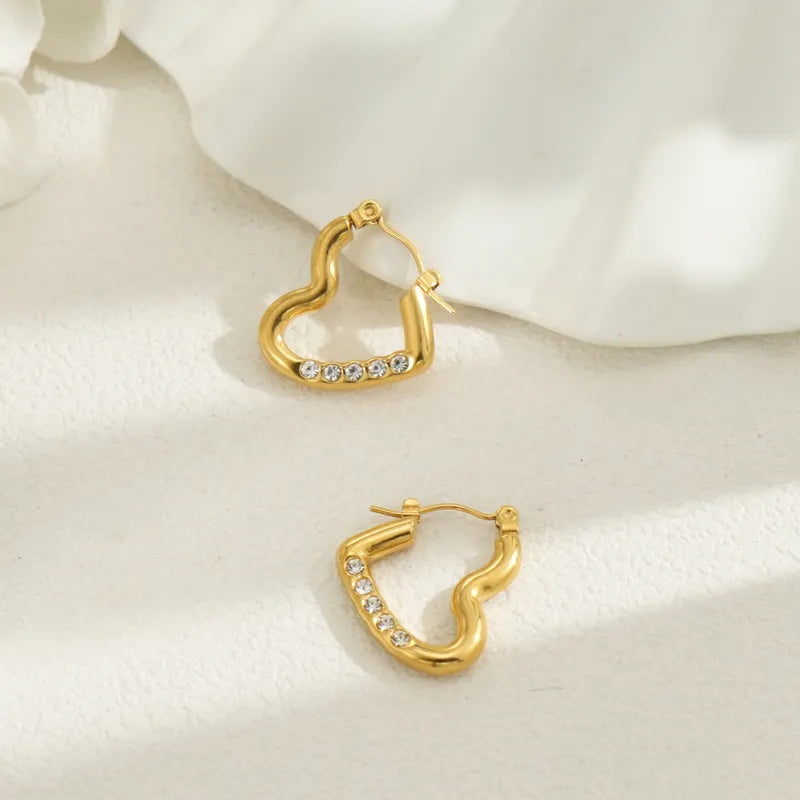 1 Piece Simple Style Oval Heart Shape Inlay 304 Stainless Steel Rhinestones 18K Gold Plated Hoop Earrings