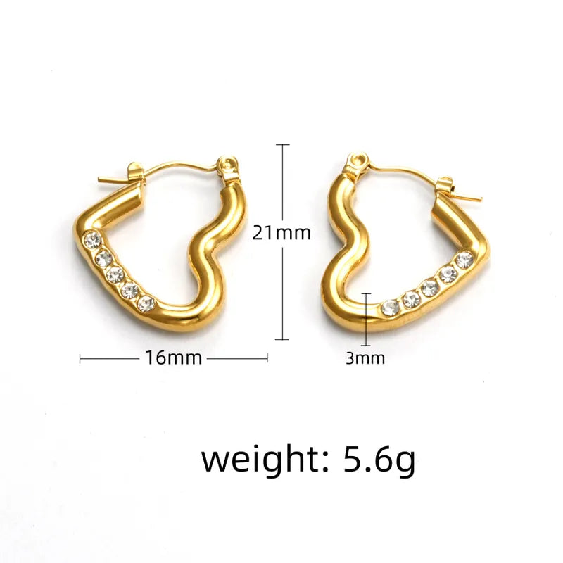 1 Piece Simple Style Oval Heart Shape Inlay 304 Stainless Steel Rhinestones 18K Gold Plated Hoop Earrings