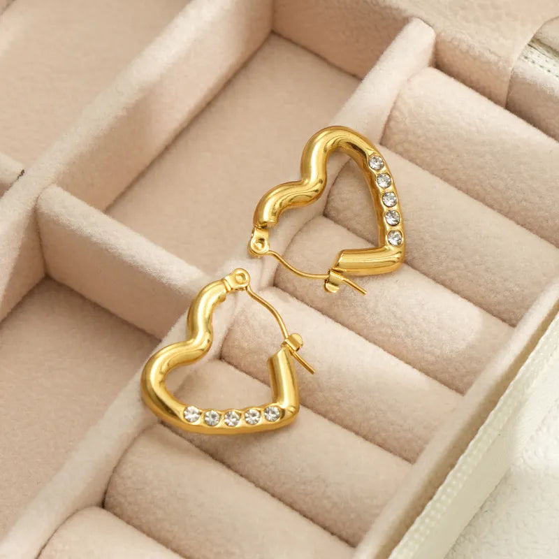 1 Piece Simple Style Oval Heart Shape Inlay 304 Stainless Steel Rhinestones 18K Gold Plated Hoop Earrings