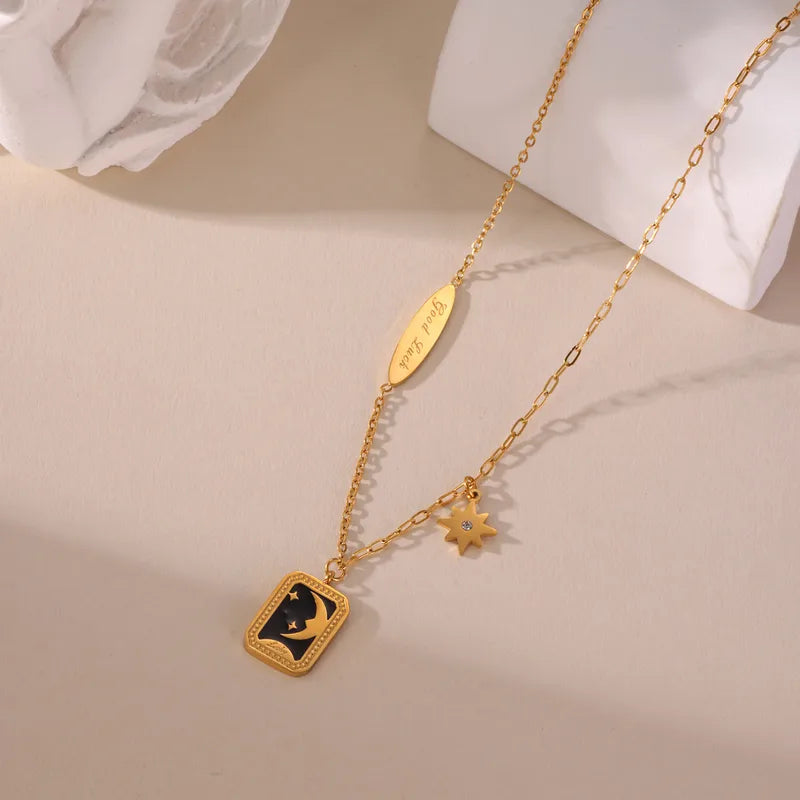 1 Piece Temperament 18K Real Gold Stainless Steel Dripping Letter Eight-Pointed Stars Square Plate Pendant Necklace Women's Sweater Chain