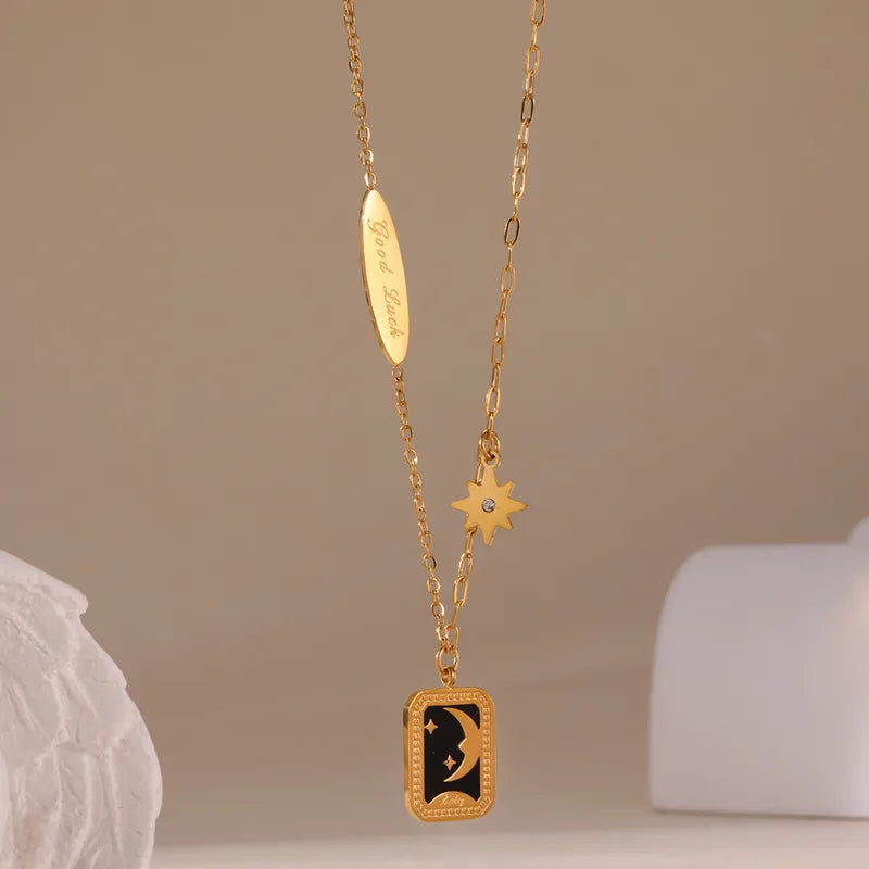 1 Piece Temperament 18K Real Gold Stainless Steel Dripping Letter Eight-Pointed Stars Square Plate Pendant Necklace Women's Sweater Chain