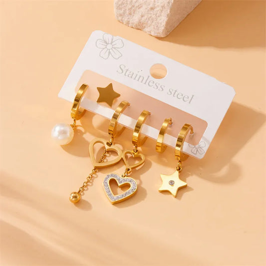 1 Set Basic Lady Classic Style Star Heart Shape Plating 304 Stainless Steel Drop Earrings Ear Studs