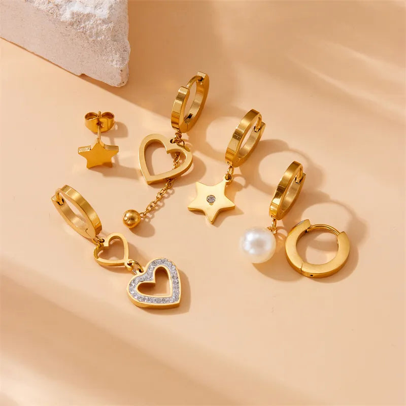 1 Set Basic Lady Classic Style Star Heart Shape Plating 304 Stainless Steel Drop Earrings Ear Studs