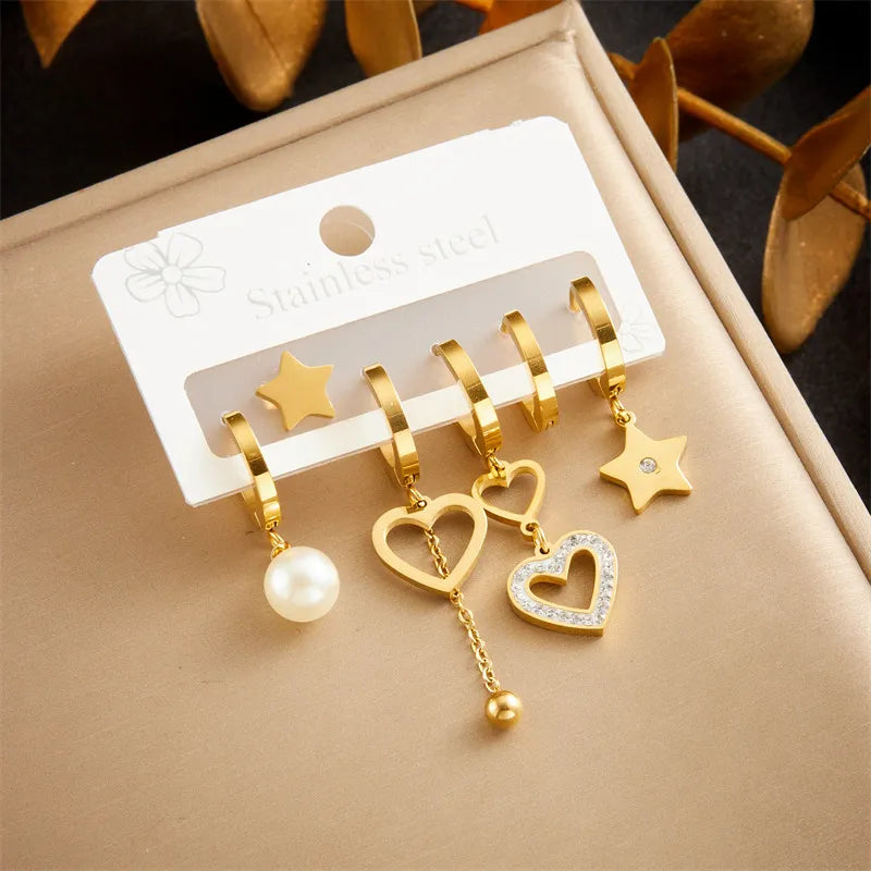 1 Set Basic Lady Classic Style Star Heart Shape Plating 304 Stainless Steel Drop Earrings Ear Studs