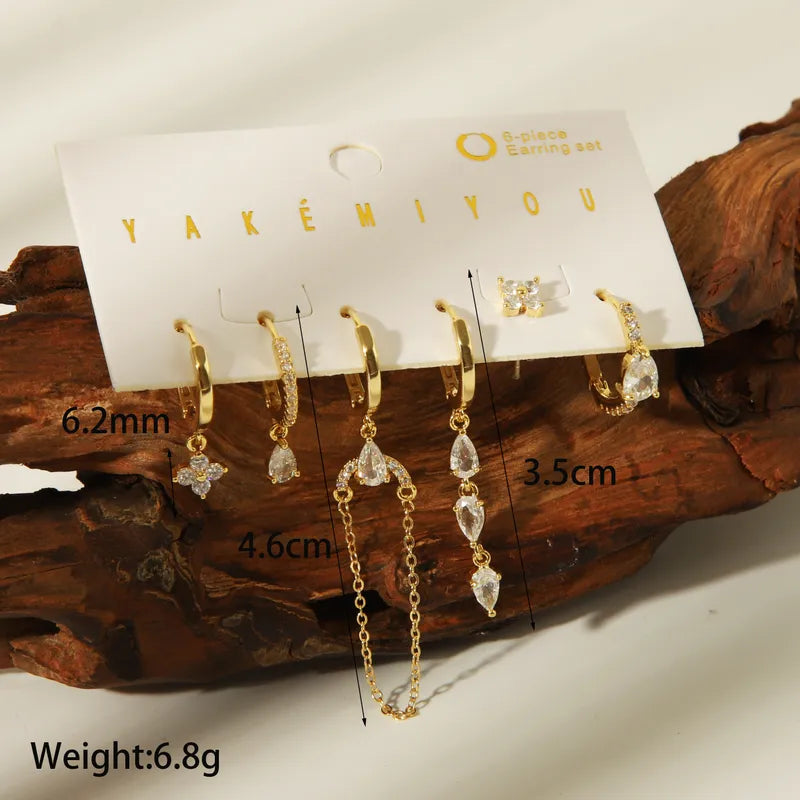 1 Set Casual Water Droplets Asymmetrical Chain Inlay Copper Zircon 14K Gold Plated Earrings