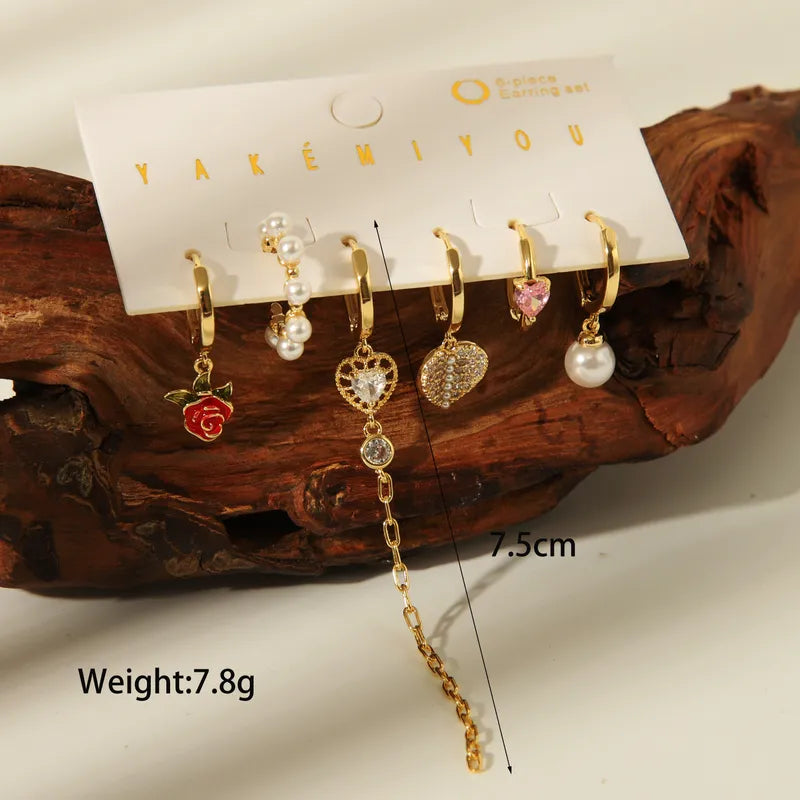 1 Set Casual Water Droplets Heart Shape Flower Enamel Inlay Copper Pearl Zircon 14K Gold Plated Drop Earrings