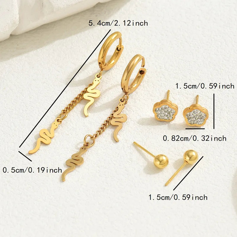 1 Set Cute Sweet Heart Shape Flower Snake Inlay 201 Stainless Steel Rhinestones 18K Gold Plated Drop Earrings