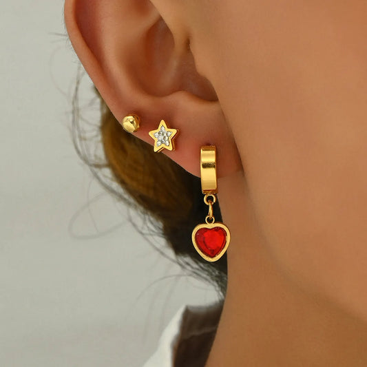 1 Set Cute Sweet Heart Shape Flower Snake Inlay 201 Stainless Steel Rhinestones 18K Gold Plated Drop Earrings