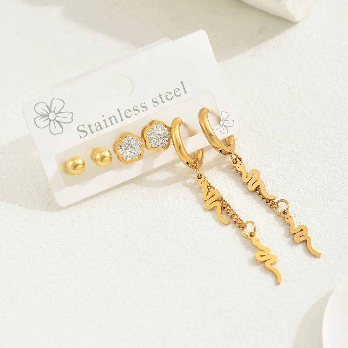 1 Set Cute Sweet Heart Shape Flower Snake Inlay 201 Stainless Steel Rhinestones 18K Gold Plated Drop Earrings