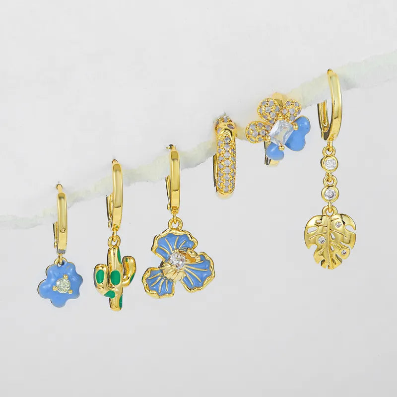 1 Set Cute Sweet Plant Flower Inlay Brass Zircon 18K Gold Plated Drop Earrings Earrings