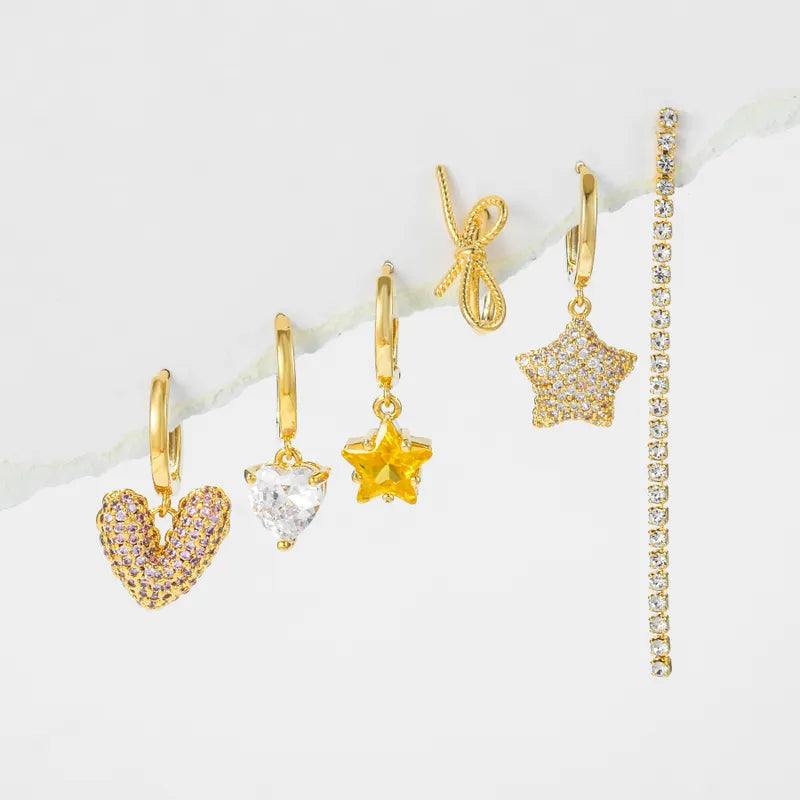 1 Set Cute Sweet Star Moon Heart Shape Plating Inlay Brass Zircon 18k Gold Plated Silver Plated Drop Earrings