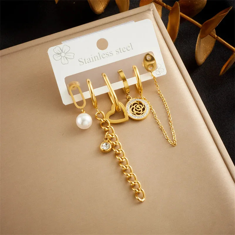 1 Set Lady Round Heart Shape Rose Asymmetrical Plating Chain 304 Stainless Steel Drop Earrings