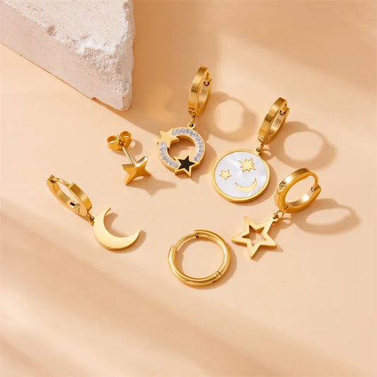 1 Set Lady Star Moon Asymmetrical Plating 304 Stainless Steel Drop Earrings Ear Studs