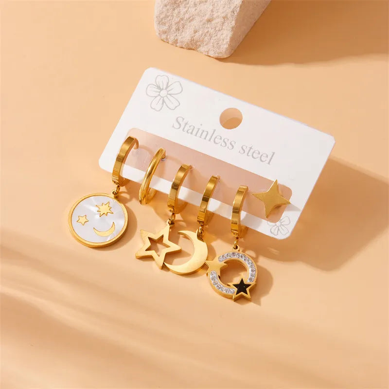 1 Set Lady Star Moon Asymmetrical Plating 304 Stainless Steel Drop Earrings Ear Studs