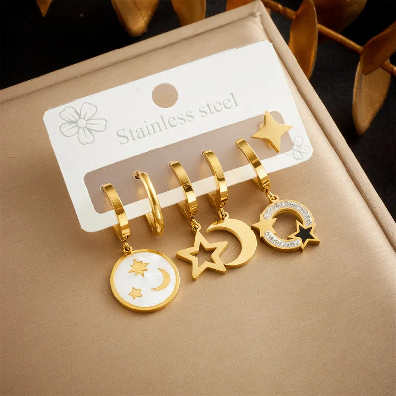 1 Set Lady Star Moon Asymmetrical Plating 304 Stainless Steel Drop Earrings Ear Studs