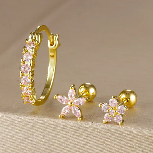 1 Set Modern Style Classic Style Geometric Flower Plating Copper Zircon 18K Gold Plated Earrings Ear Studs