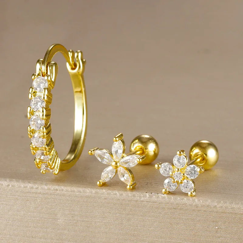 1 Set Modern Style Classic Style Geometric Flower Plating Copper Zircon 18K Gold Plated Earrings Ear Studs