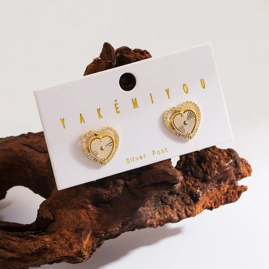 1 Set Yakemiyou Cute Heart Shape Solid Color Enamel Inlay Copper Zircon 14K Gold Plated Ear Studs