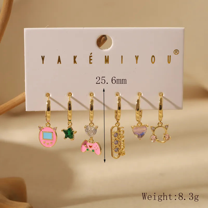 1 Set Yakemiyou Simple Style Commute Nostalgic Video Game Enamel Inlay Copper Zircon 14K Gold Plated Drop Earrings