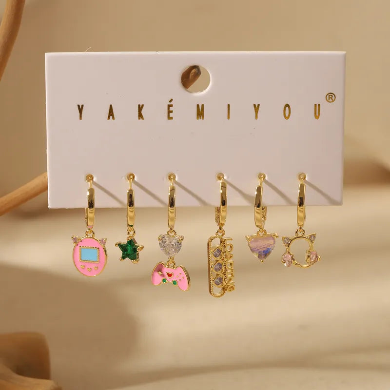 1 Set Yakemiyou Simple Style Commute Nostalgic Video Game Enamel Inlay Copper Zircon 14K Gold Plated Drop Earrings