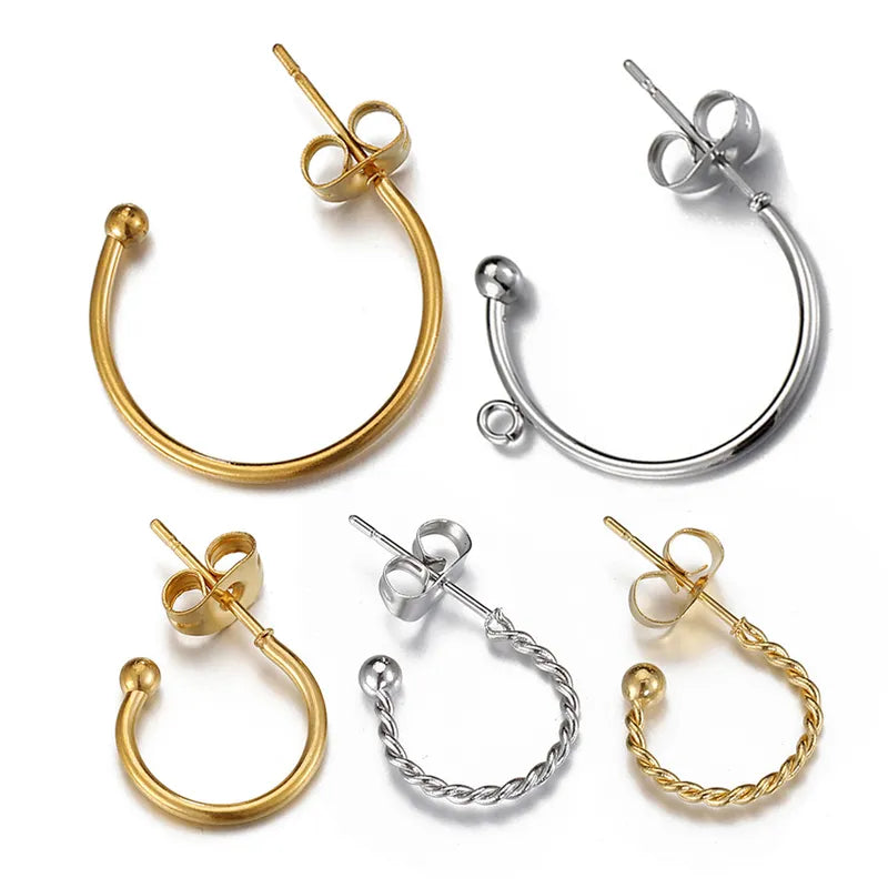 10 PCS/Package 12mm 20mm Hole 1~1.9mm 304 Stainless Steel 18K Gold Plated C Shape Twist Earring Findings