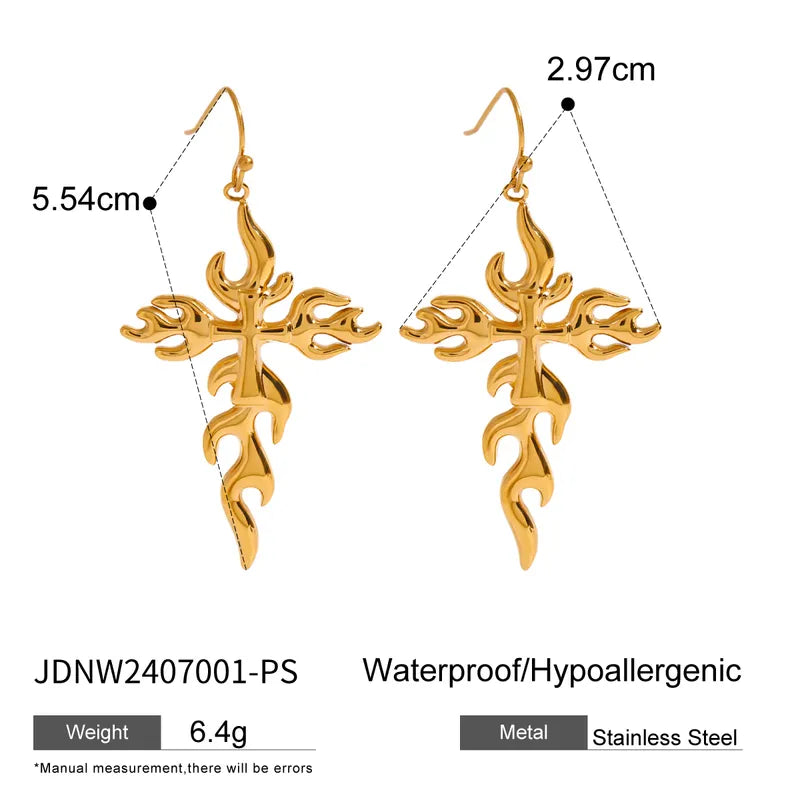 18K Gold Stainless Steel Cross Shelf Flame Ear Hook Earrings